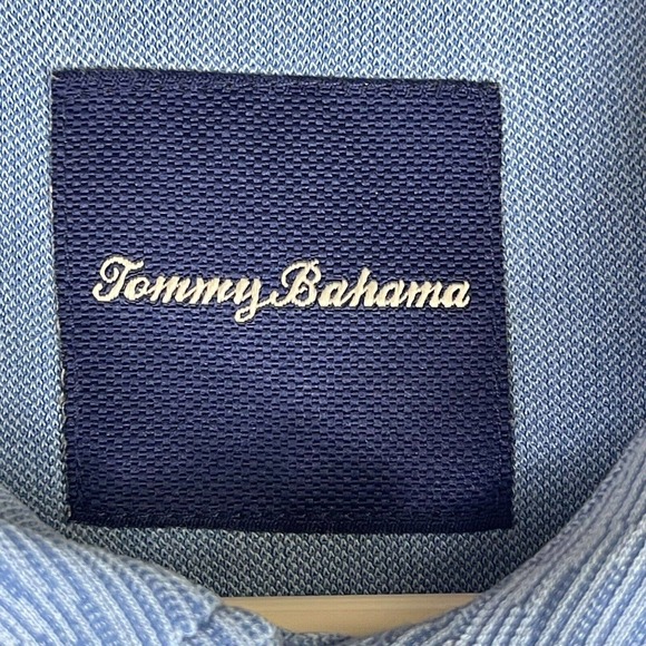 Tommy Bahama Mens XL Short Sleeve Polo Shirt Blue Striped Lightweight Logo‎ - Picture 6 of 10